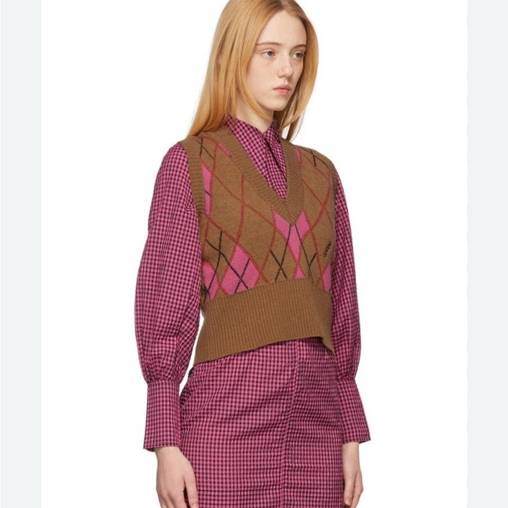 Ganni Brown and Pink Argyle Sweater Vest